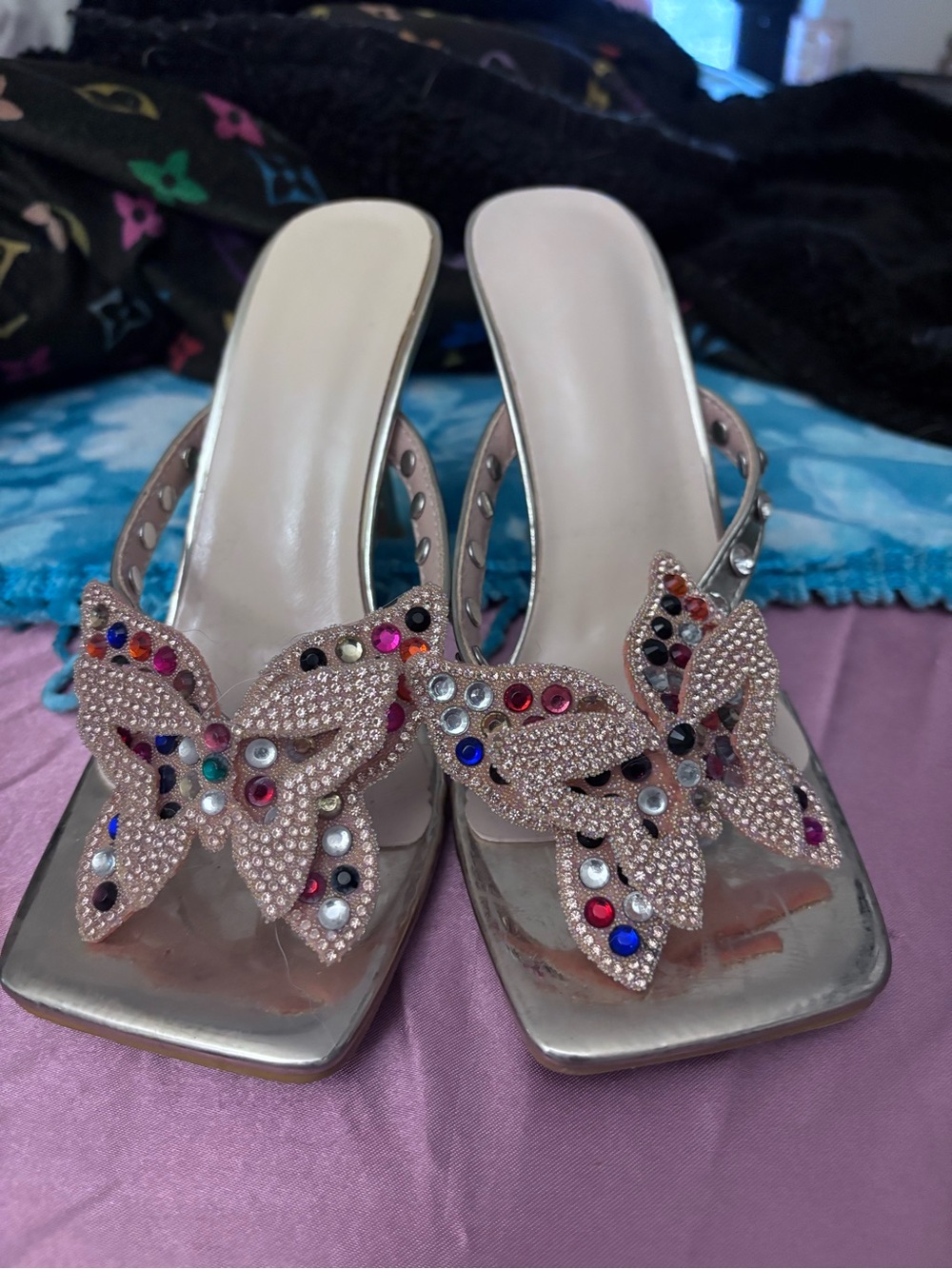 Women's Pink Jeweled Butterfly Slide Heels